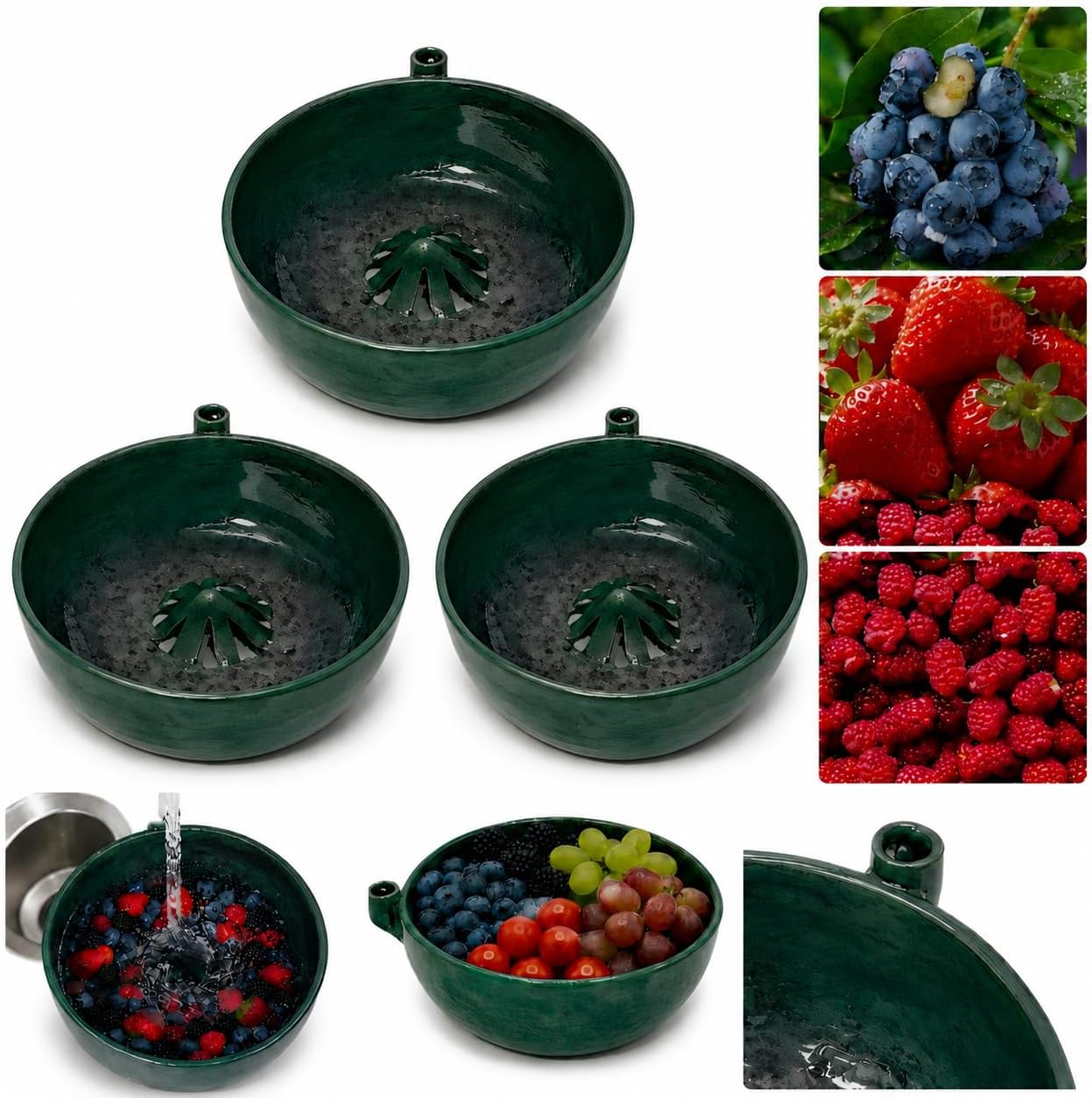 2026 Self Spinning Berry Washing Bowl Ceramic with Drain Holes, 360 Degree Cleaning Fruit Swirl Colander Center Cone, Automatic Quick Kitchen Rinse washer for Berries Vegetables Serving