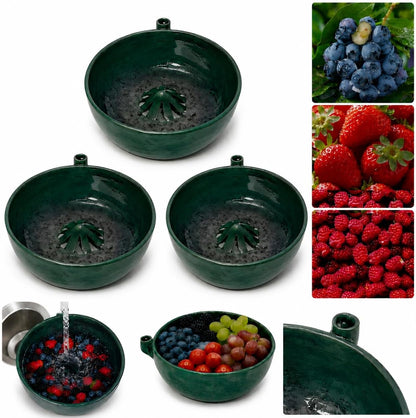 2026 Self Spinning Berry Washing Bowl Ceramic with Drain Holes, 360 Degree Cleaning Fruit Swirl Colander Center Cone, Automatic Quick Kitchen Rinse washer for Berries Vegetables Serving