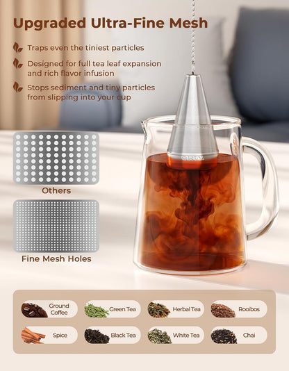 Cone Tea Infusers for Loose Leaf Tea, 304 Stainless Steel Tea Strainer Fine Mesh, 1.8” x 3” Loose Leaf Tea Steeper with a Drip Tray