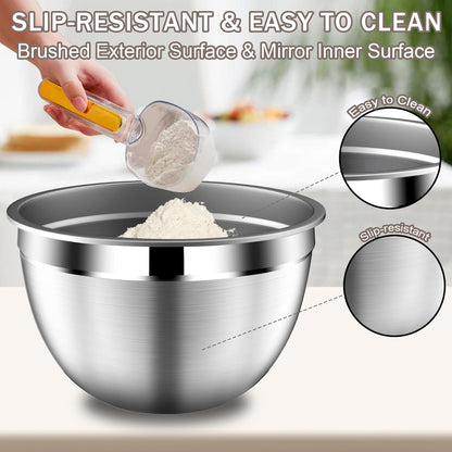 DUTZUN Mixing Bowls with Lids Set, Stainless Steel Mixing Bowls with Colander, Strainer with Mixing Bowl Set, Serving Bowl Kitchen Gift, Size 4.5, 2.5, 2, 1.5QT - Black