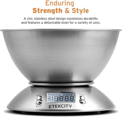 Etekcity 0.1g Food Kitchen Scale, Bowl, Digital Grams and Ounces for Weight Loss, Dieting, Baking, Cooking, and Meal Prep, 11lb/5kg, Stainless Steel Silver