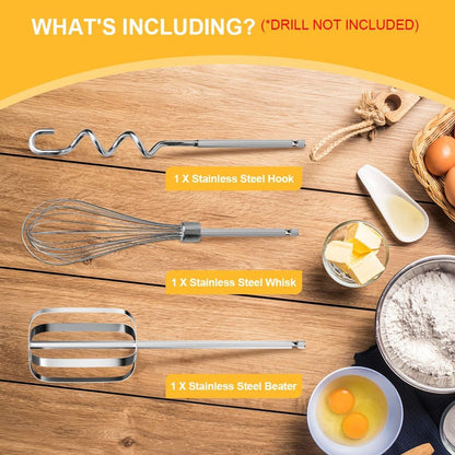 homicozy 3-Piece Stainless Steel Hand Mixer Attachment Set - Whisk, Dough Hook, Egg Beater for Drills - Dishwasher Safe, 9.8 Inch (Drill Not Included) (9.8inch)