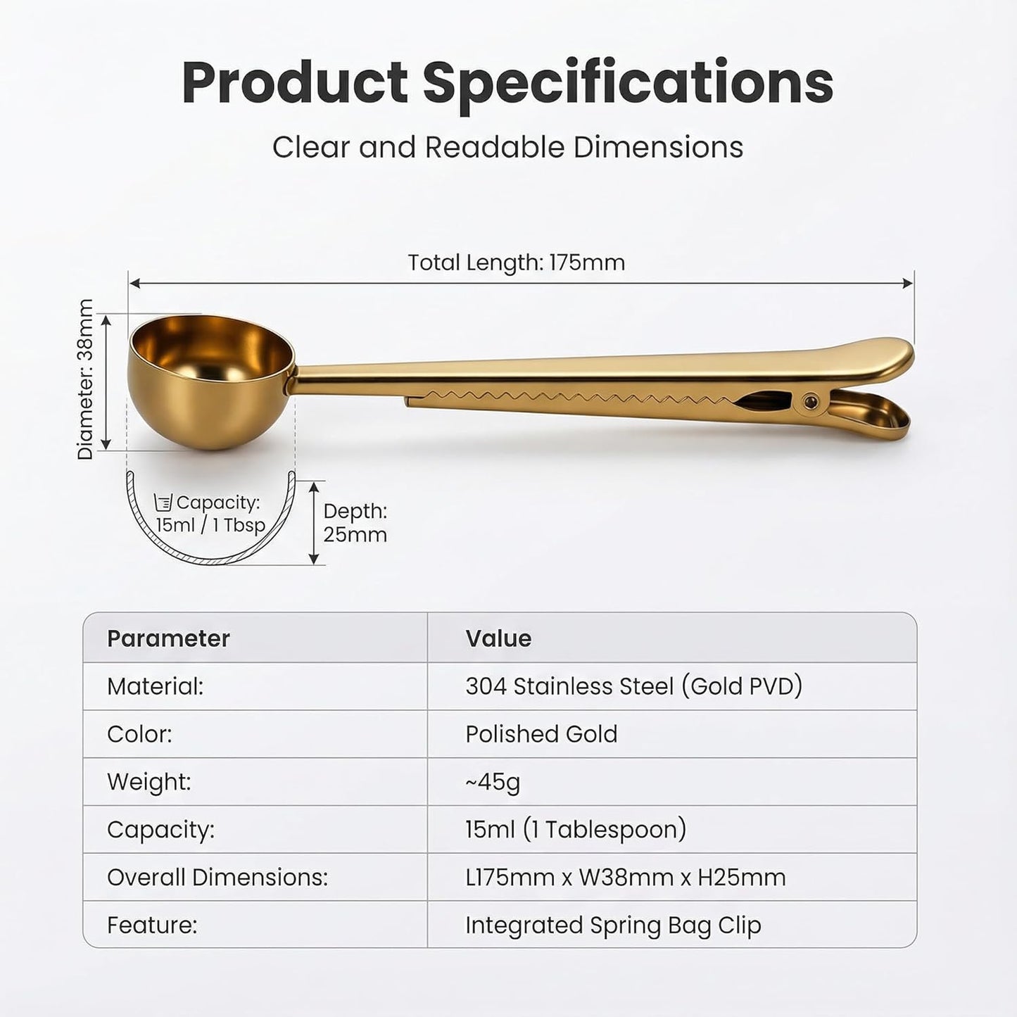 Li&Zhao Stainless Steel Coffee Scoop with Clip - Coffee Scoop for Ground Coffee, Precision Coffee Measuring Scoop, Tablespoon Stainless Steel Scoop for Coffee, Tea, Protein Powder (Gold)