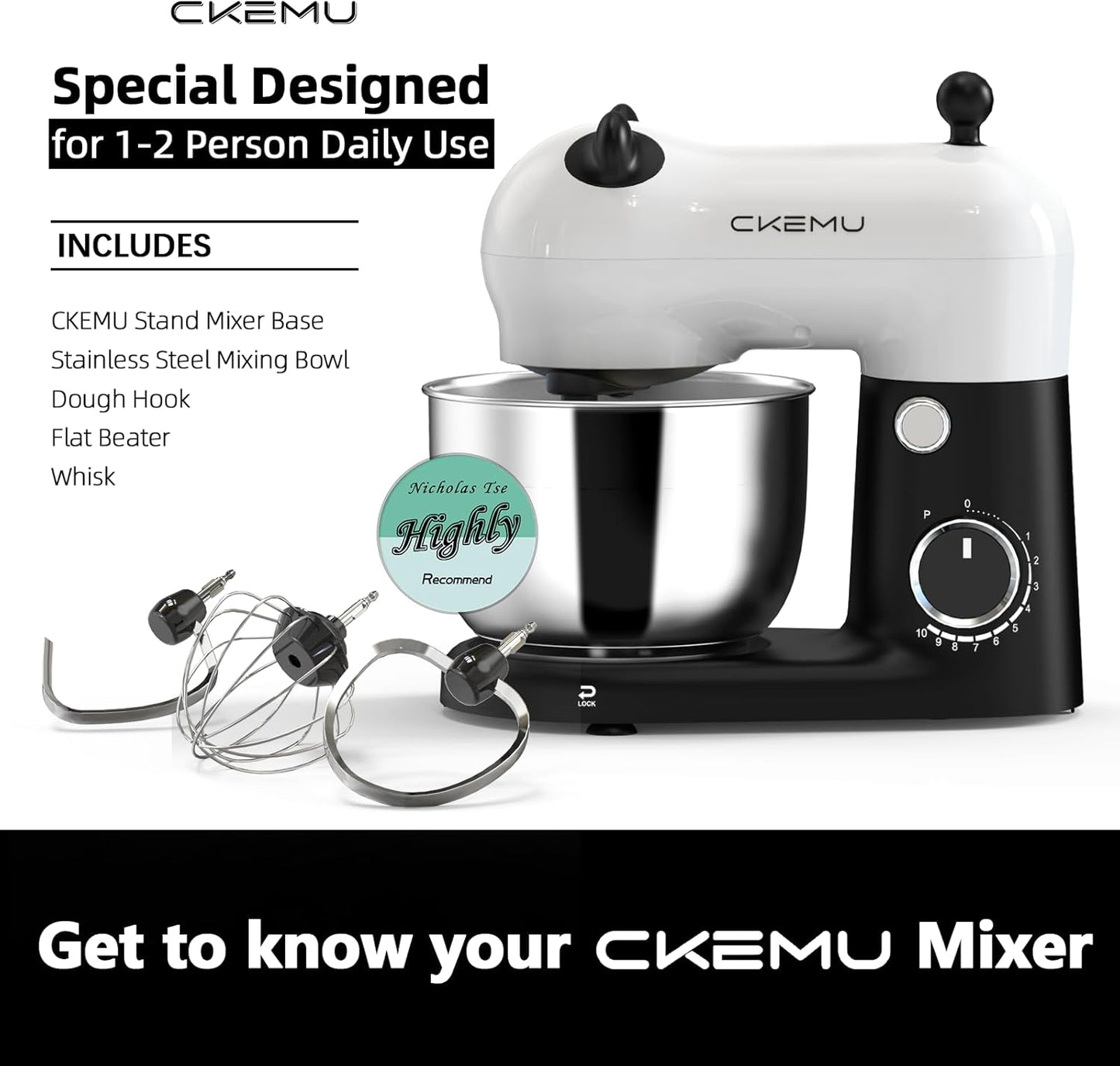 Stand Mixer, Compact & Space-Saving, Stainless Steel Bowl, Unique & Playful Design, Effcient 300W Motor, Dishwasher-Safe Attachments, SM-2549A (Black)