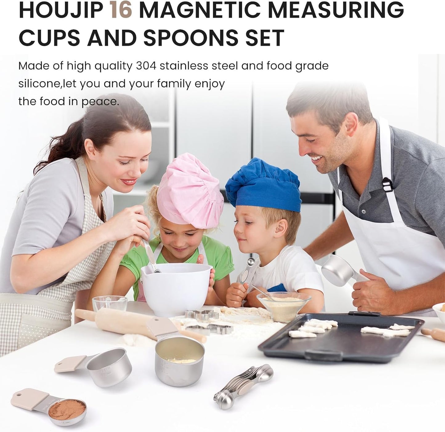 Magnetic Measuring Cups and Spoons Set-Heavy Duty 304 Stainless Steel，Double Measurement Markings，Set of 16 with Leveler for Measure Dry and Liquid Ingredients (Black)