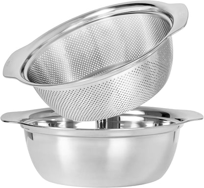Paoli 304 Stainless Steel Fine Mesh Colander Set, 1.5QT Large Capacity Strainer with Mixing Bowl — Rinse Fruits, Veggies, Rice & Drain Pasta, Dishwasher Safe (2-Piece)