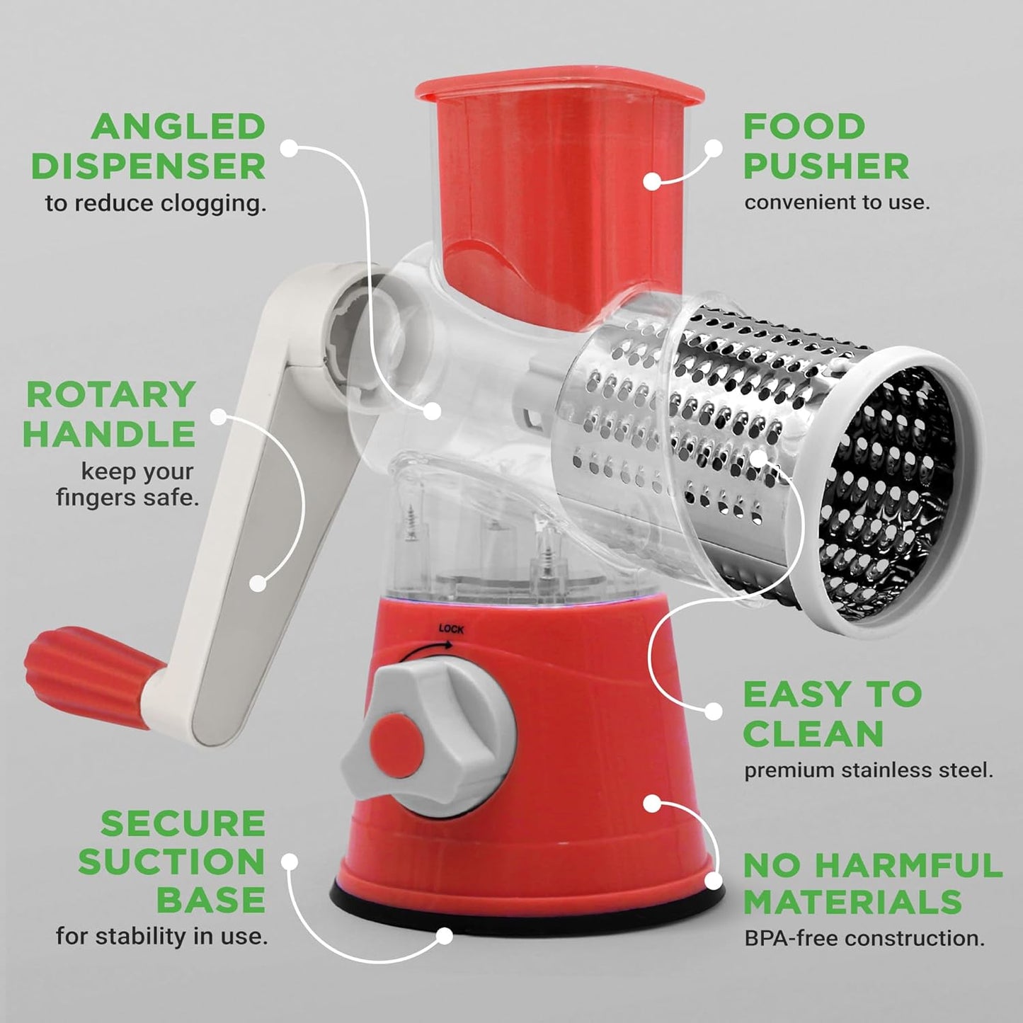 Nutrichef 3 in 1 Cheese Grater & Shredder | Strong Suction Base, Rotary Handle with Safety Lock | Includes Cleaning Brush, Hand Crank & 3 Drum Blades for 3 Textures, Fine, Medium & Strips | Black