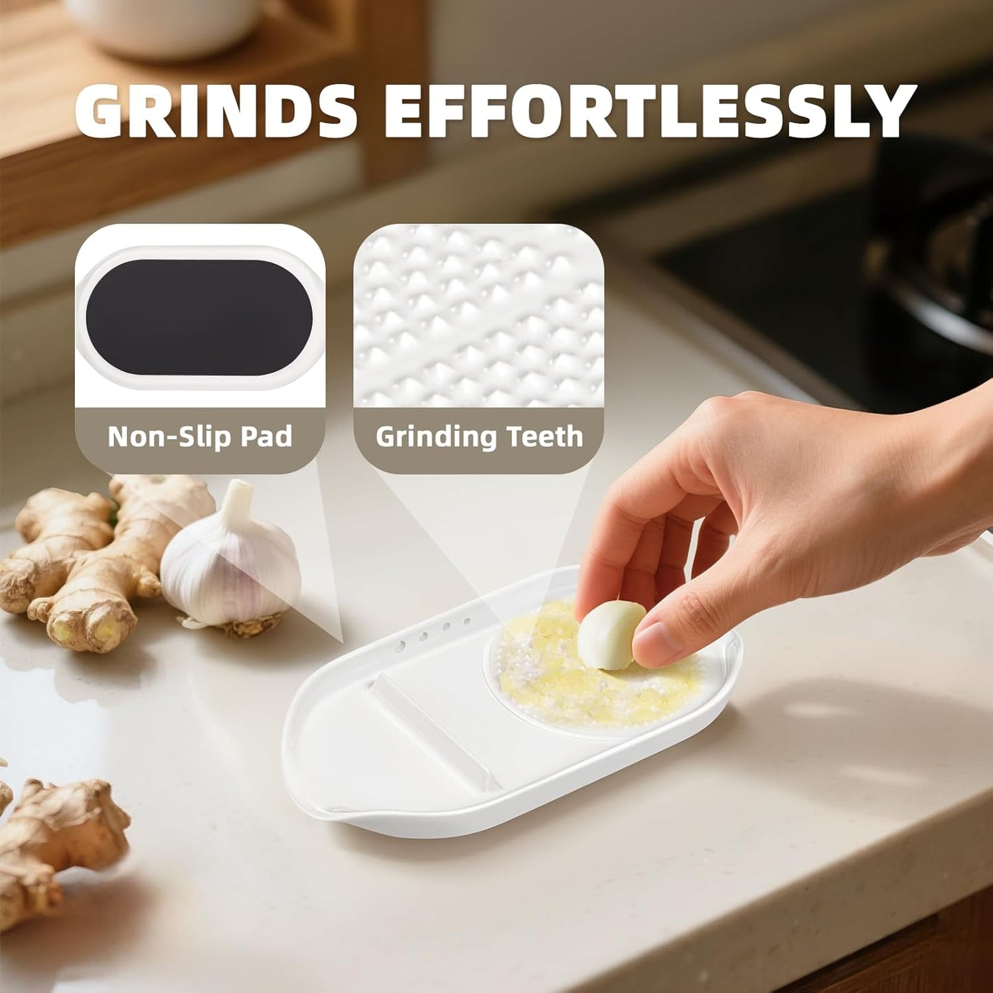 Luvan Garlic Grater Plate, 4 in 1 Ceramic Egg Cracker, Spoon Rest, Herb Stripper Bowl for Kitchen, Porcelain Garlic Ginger Grater with Brush & Silicone Pad for Grinding Wasabi, Ginger, Garlic, Cheese