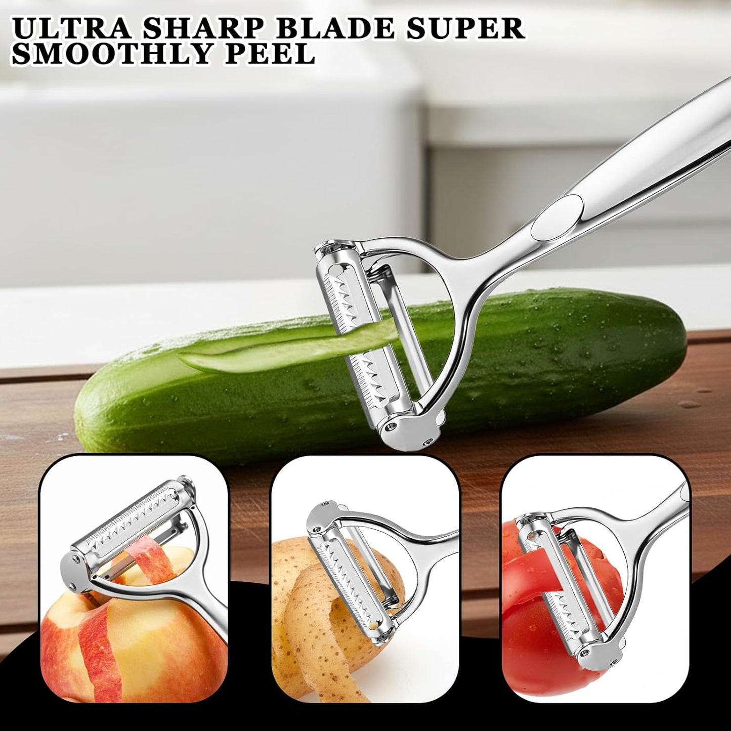 Vegetable Peeler Grater 2-in-1 Double-Sided Blade Fruit Slicer Julienne Cutter with Handle Multifunction Peeler for Kitchen Carrot Cucumber Potato Veggie Cooking Tools, Zinc Alloy