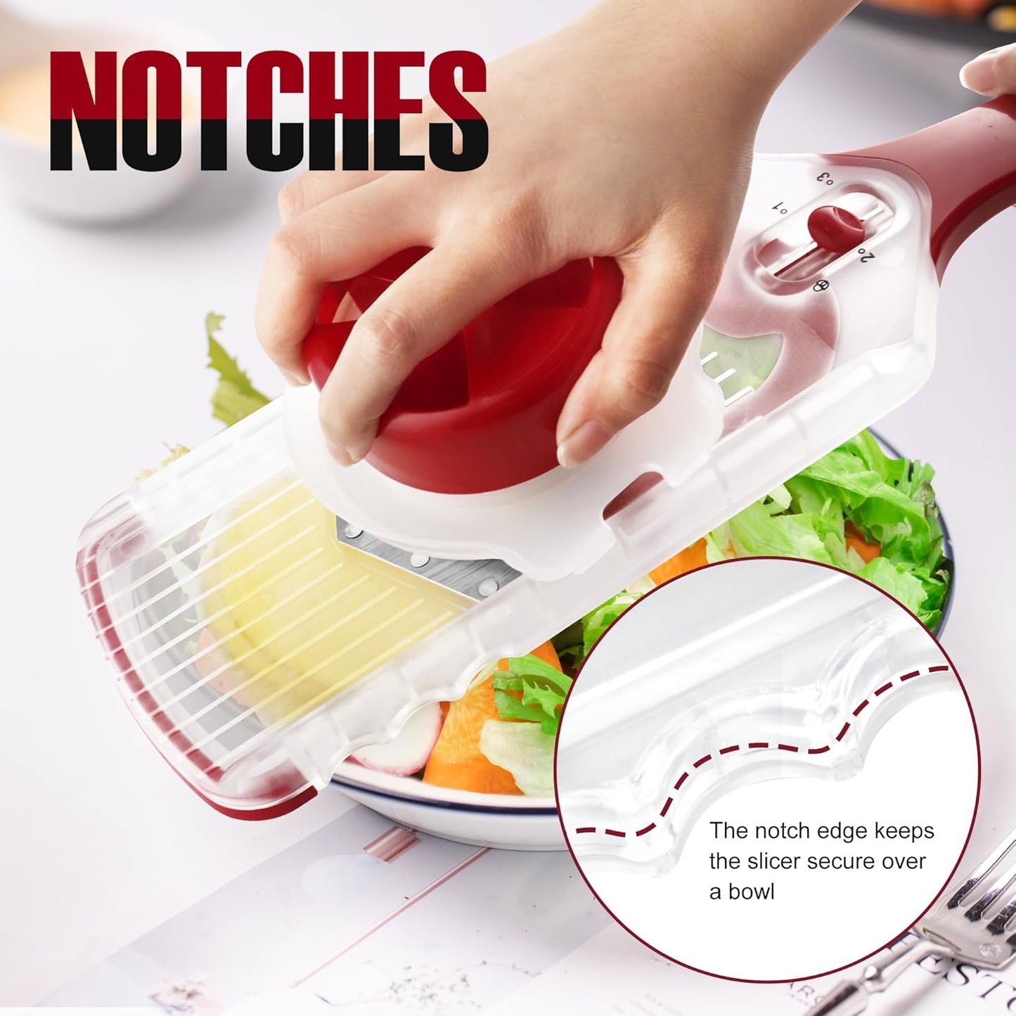Mandoline Slicer with Hand-Held, Vegetable Slicer with Food Holder， Adjustable Stainless Steel Blade, Comfort Grip, Easy to Clean, Ideal for Speedy Slicing of Fruits and Vegetables