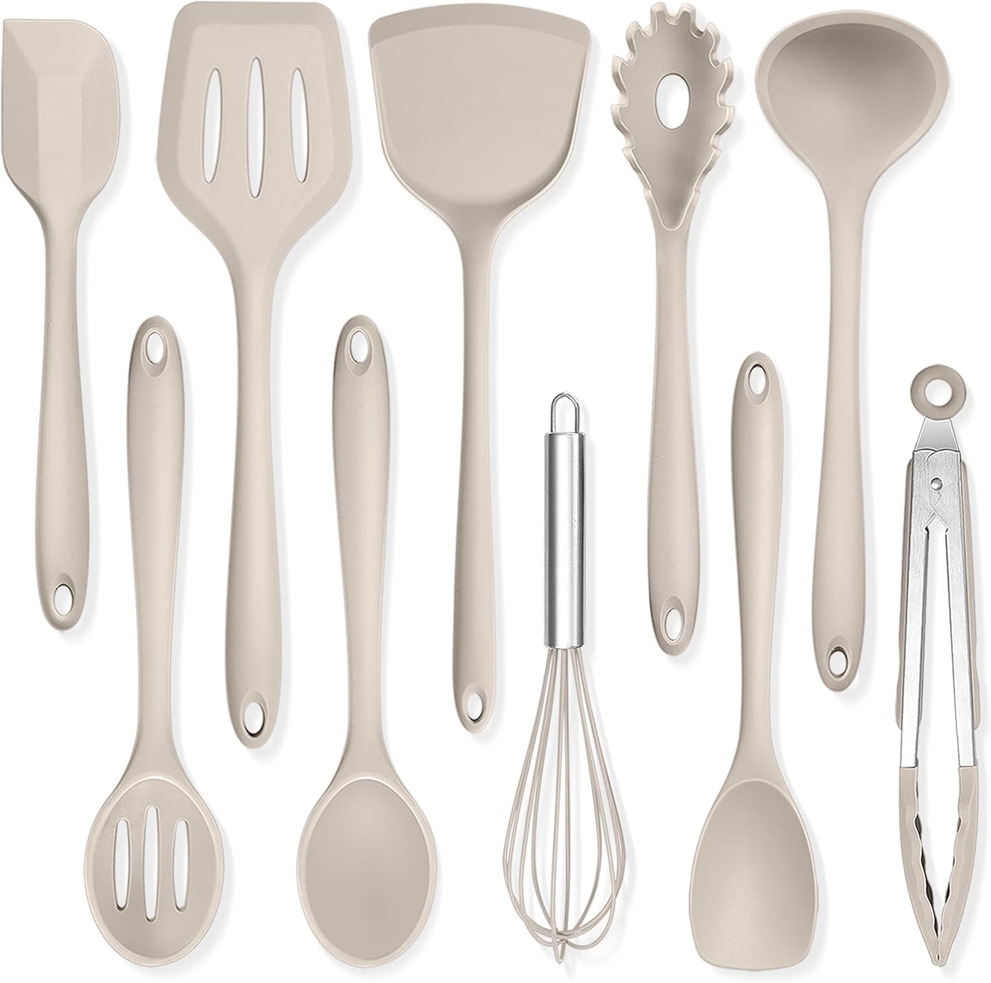 TeamFar Silicone Cooking Utensils, 10 pcs Kitchen Cooking Utensils Set, 446°F Heat Resistant Kitchen Gadgets Tools Set w/Spatula, Turners, Spoons, Soup Ladle, Pasta Server for Nonstick Cookware, Black