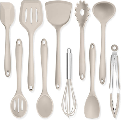TeamFar Silicone Cooking Utensils, 10 pcs Kitchen Cooking Utensils Set, 446°F Heat Resistant Kitchen Gadgets Tools Set w/Spatula, Turners, Spoons, Soup Ladle, Pasta Server for Nonstick Cookware, Black
