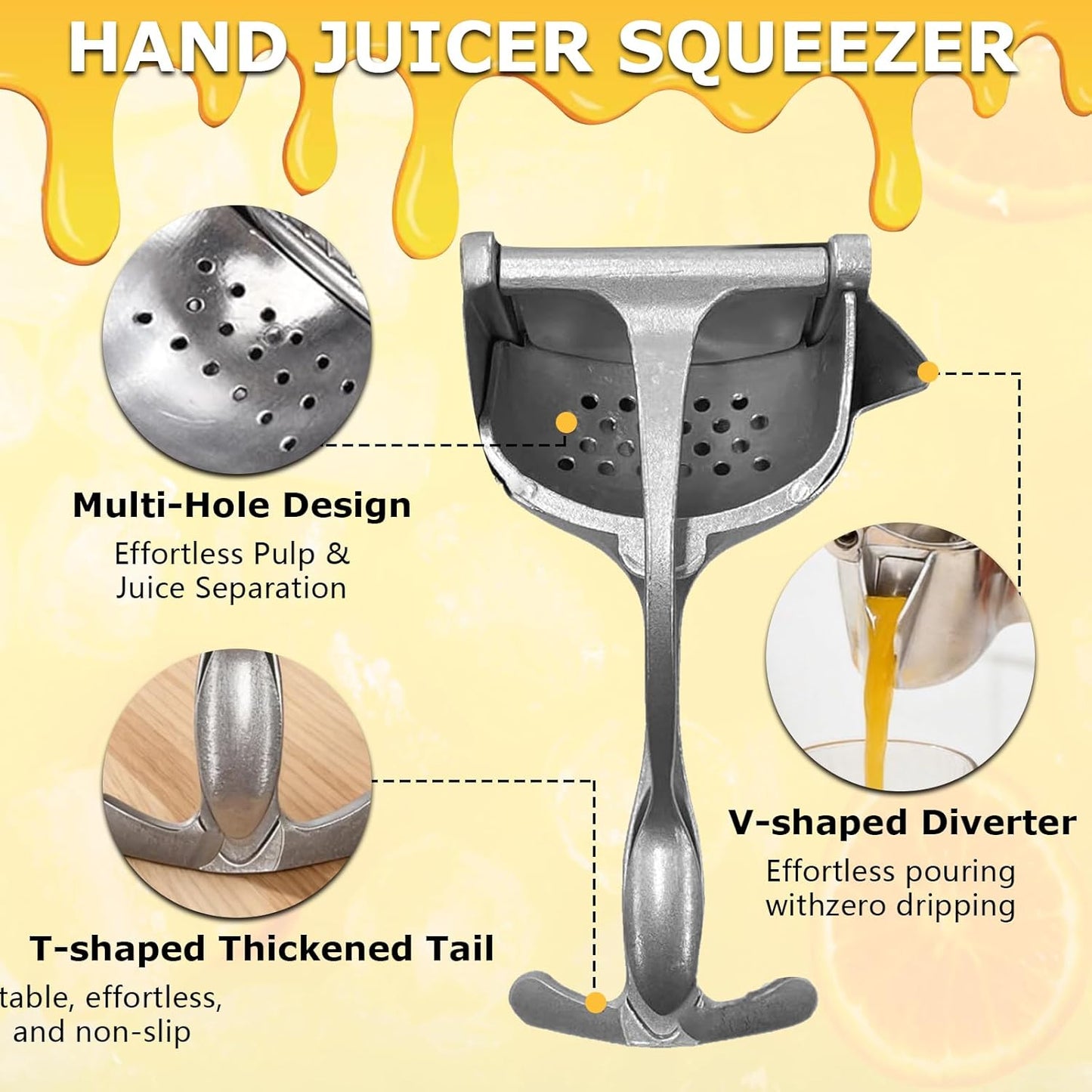 Fresh Fruit Juice Squeezer Handheld Aluminum Alloy,Hand Juicer Squeezer Lemon,Non-Slip Ergonomic Grip,Easy to Clean for Orange, Lemon, And Watermelon,with Two Beverage Bottles And A Cleaning Brush.