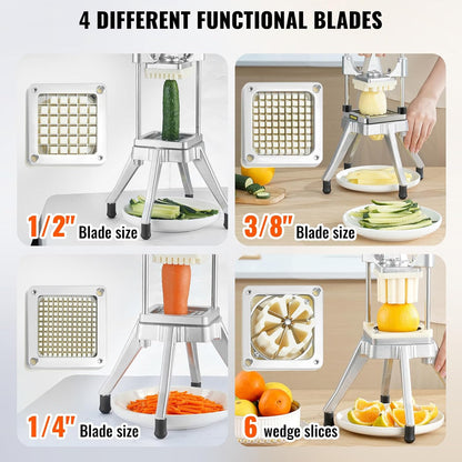 VEVOR French Fry Cutter, Ergonomic Potato Slicer with 3 Blades (1/2", 3/8", 1/4") & Juicer Plate, Easy-Replace Vegetable Chopper Dicer for Carrot, Onion, Lemon, Ideal for Home & Commercial Kitchens