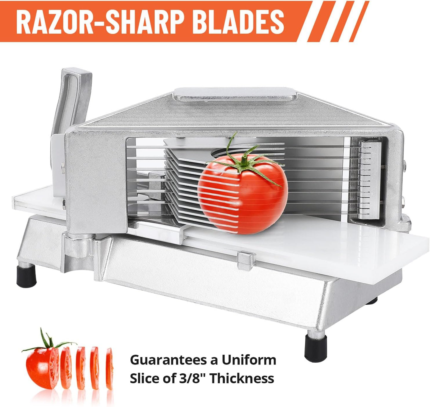 Commercial Tomato Slicer with 3/8 Inch Stainless Steel Blades, Built-In Cutting Board, Vertical and Horizontal Handles, Safety Guards, and Non-Slip Rubber Feet for Restaurant or Home Use