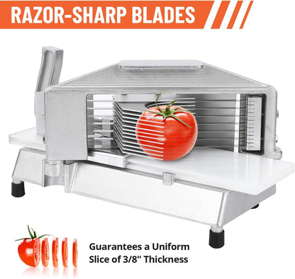 Commercial Tomato Slicer with 3/8 Inch Stainless Steel Blades, Built-In Cutting Board, Vertical and Horizontal Handles, Safety Guards, and Non-Slip Rubber Feet for Restaurant or Home Use