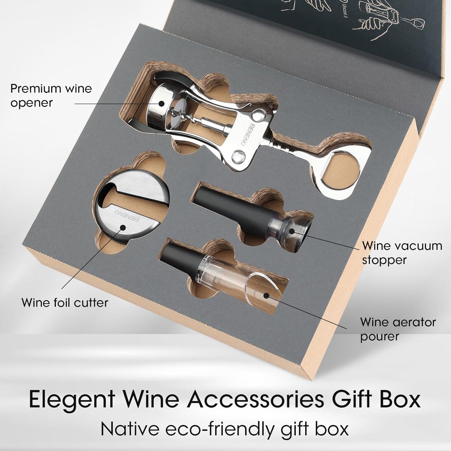 Beneno Wine Opener, Zinc Alloy Premium Wing Corkscrew with Multifunctional Bottles Opener, Sharp Wine Corkscrew with Ergonomic Non-Slip Wing Handle, Silver