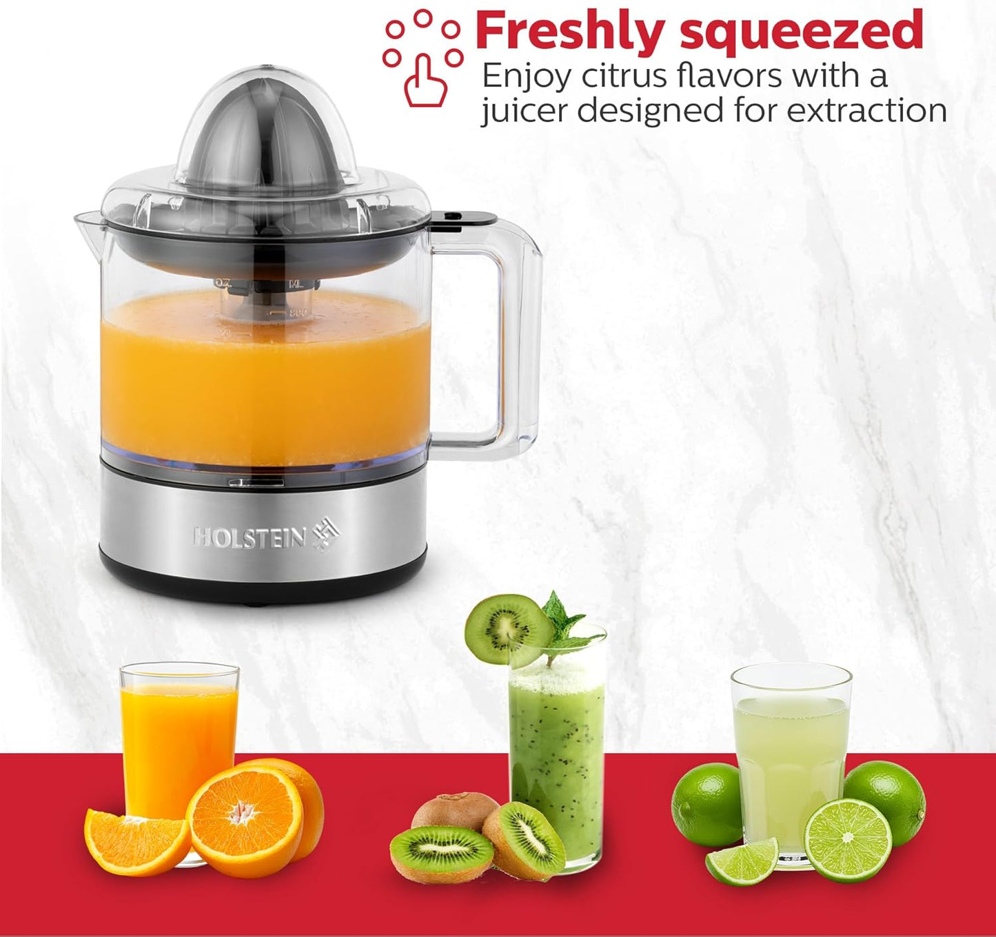 Holstein Housewares 27-oz Electric Citrus Juicer, Black/Stainless Steel - Ideal for Freshly Squeezed Orange, Lemon, Grapefruit Juices for Breakfast or Drinks