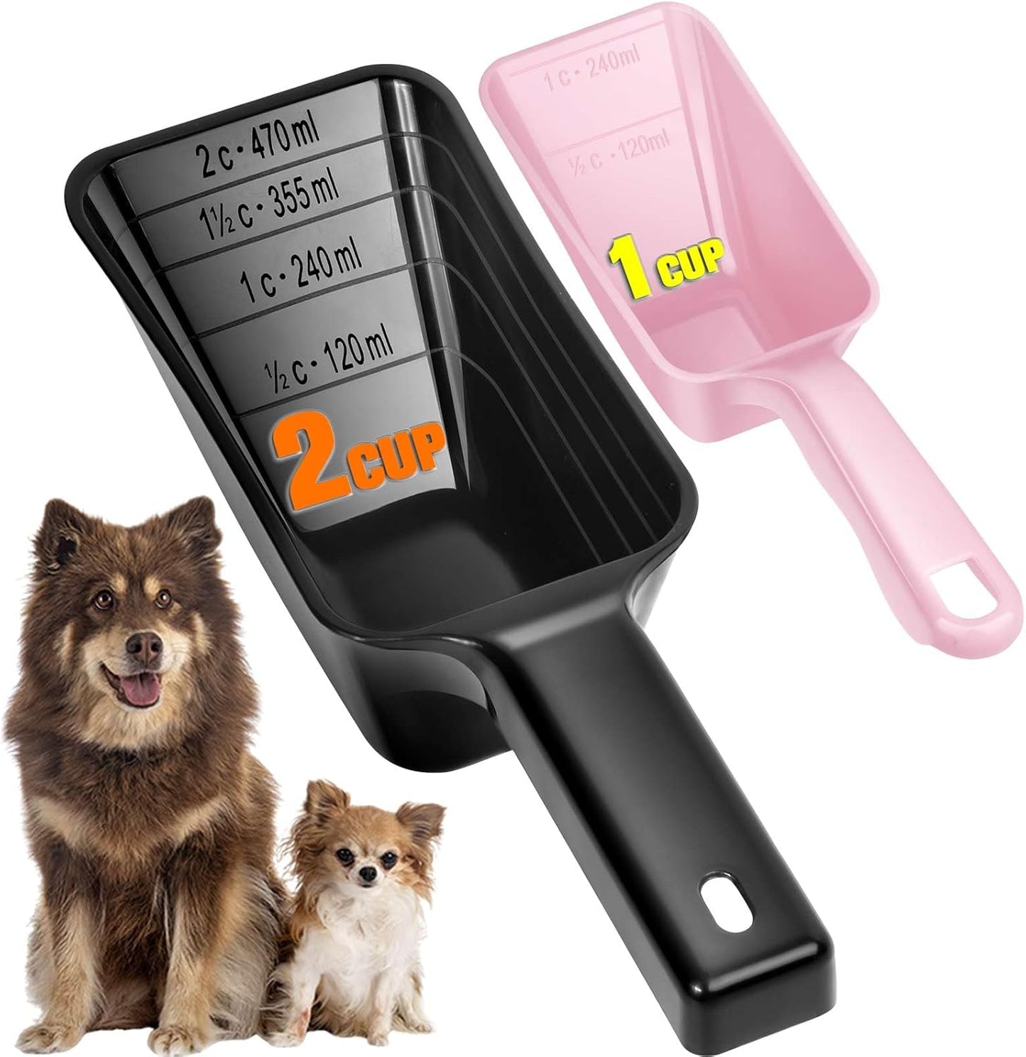 2-Pack Dog Food Scoop Set,1 Cup and 2 Cup Plastic Pet Food Measuring Scoops with Clear Measurement Lines,Multi-Purpose Pet Food Scooper for Dogs, Cats (Green and Black)