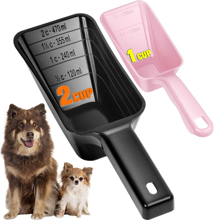 2-Pack Dog Food Scoop Set,1 Cup and 2 Cup Plastic Pet Food Measuring Scoops with Clear Measurement Lines,Multi-Purpose Pet Food Scooper for Dogs, Cats (Green and Black)