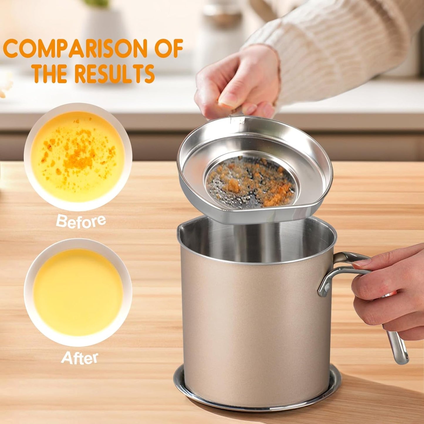 Chihee Grease Container Stainless Steel Bacon Grease Saver with Fine Mesh Strainer 2L / 67.6 fl oz Cooking Oil Keeper Stoarge Can with Dust-proof Lid Non-slip Tray for Kitchen Frying