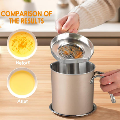Chihee Grease Container Stainless Steel Bacon Grease Saver with Fine Mesh Strainer 2L / 67.6 fl oz Cooking Oil Keeper Stoarge Can with Dust-proof Lid Non-slip Tray for Kitchen Frying