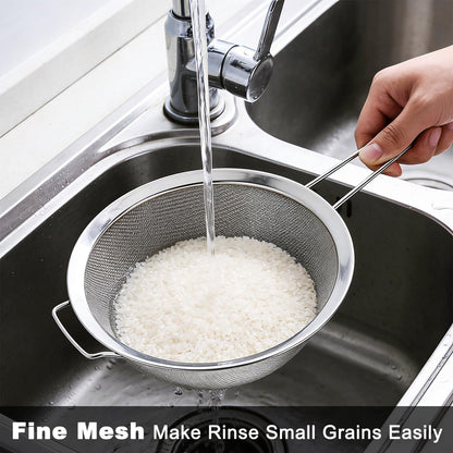 Fine Mesh Strainer with Sturdy Handle, 7.76 Inch Stainless Steel Strainers, Bonus 20x20 Inch Reusable Cotton Cheese Cloths with 4 Hemmed Edges, Sieve Sifter for Straining, Cooking, Baking