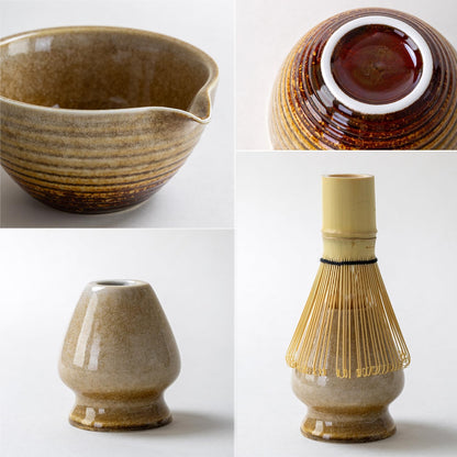 Traditional Matcha Tea Ceremony Set with Ceramic Bowl, Bamboo Whisk, Stand and Strainer, 5-Piece (yellow)