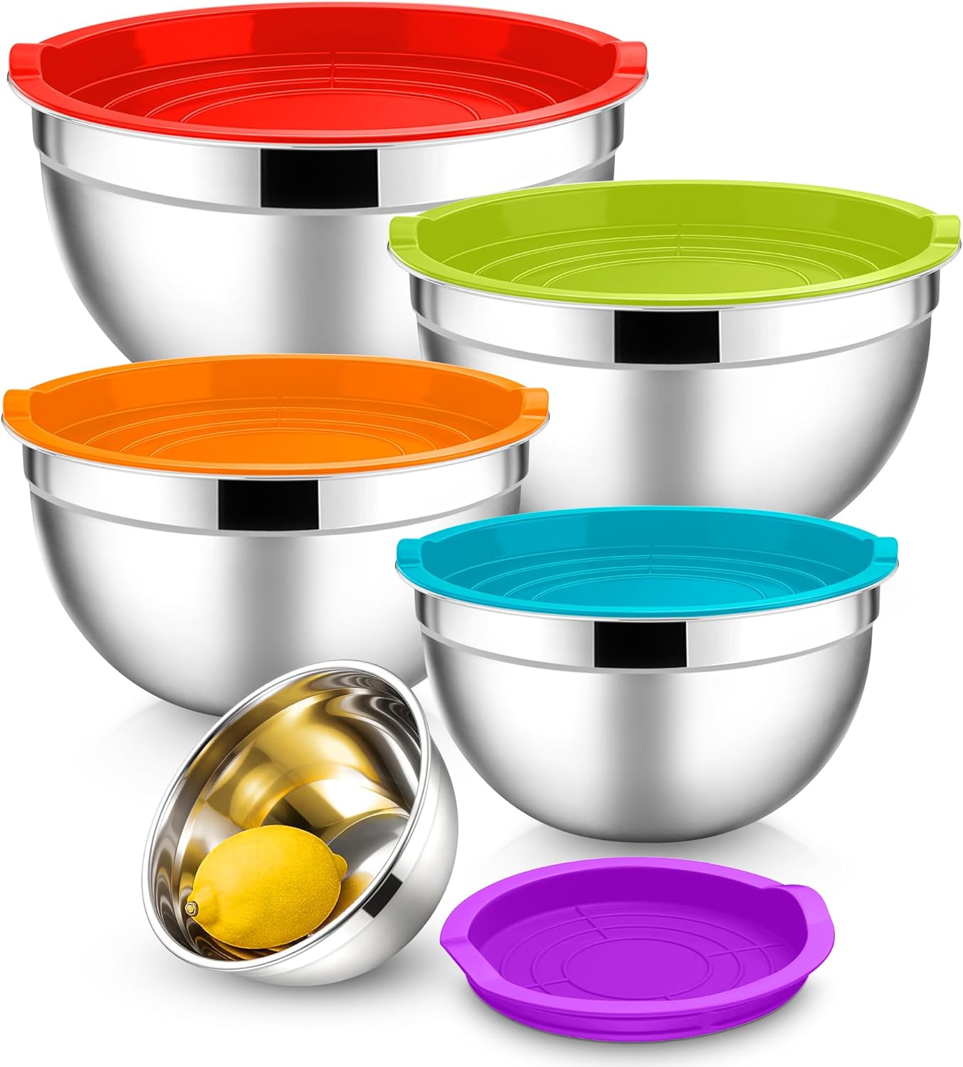 E-far Mixing Bowls with Lids, 6-Piece Stainless Steel Salad Bowls Metal Nesting Bowls for Baking Cooking and Prepping, Airtight Lids & Stackable Design, Size 4.5, 3, 1.5 QT (Black)