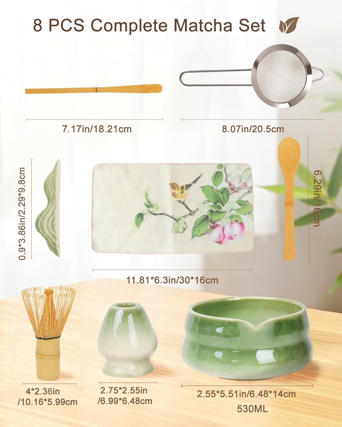 Matcha Whisk Set - 8Pcs Matcha Set includes Bowl, Whisk and Holder, Bamboo Scoop, Scoop Rest, Spoon, Sifter and Tea Towel, for Matcha Lovers, Gift- Green