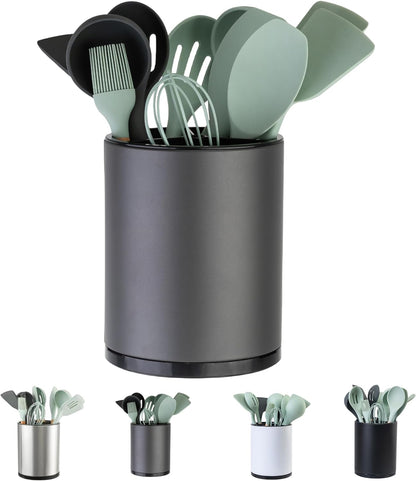 LIBODOUR Kitchen Utensil Holder Extra Large 360°Rotating For Counter Organizer Stainless Steel Storage Cooking Silverware Caddy 3 Compartment Flatware Spoon Spatula Tool Cutlery Container（Silvery）