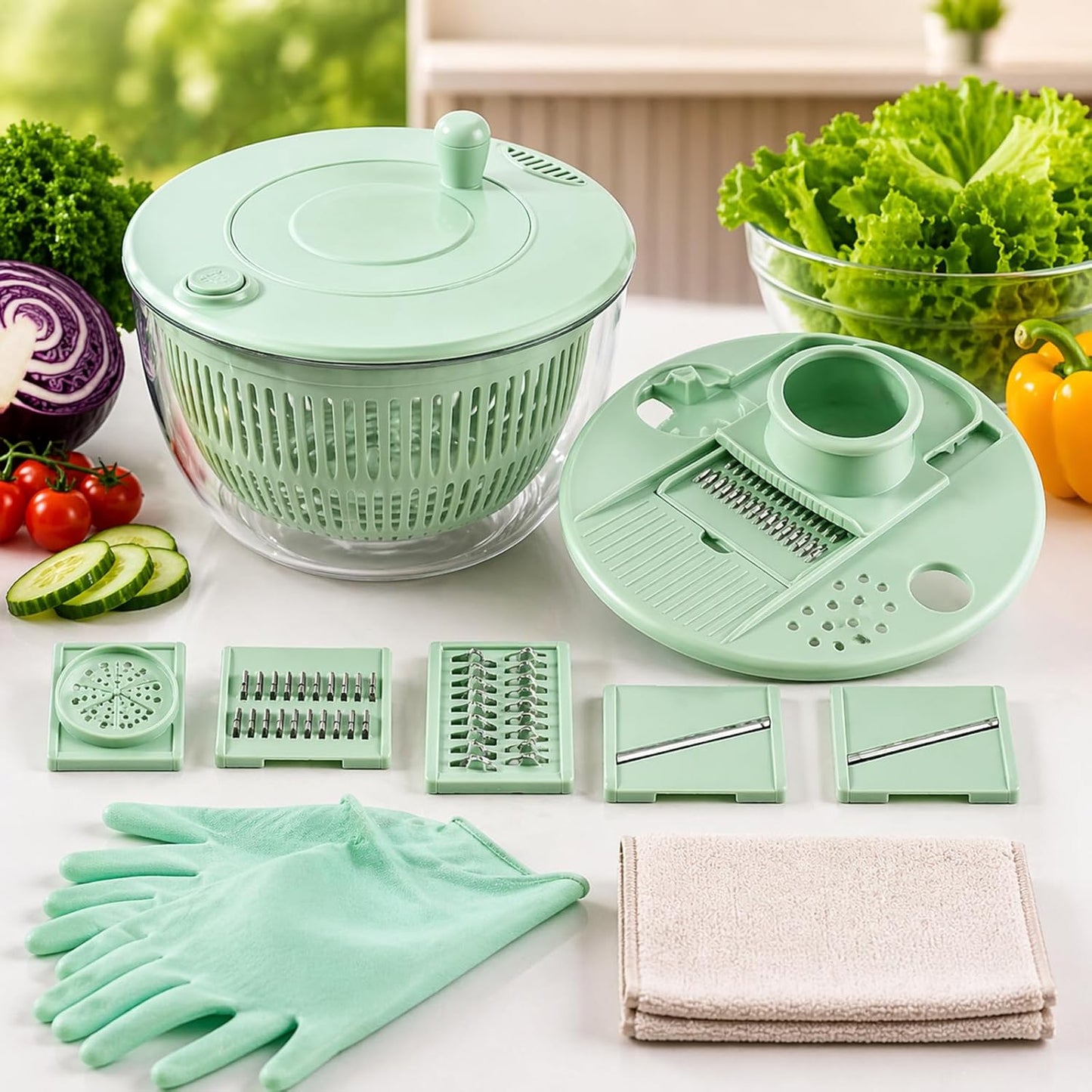 Large Capacity Multi-function Salad Spinner, 6-in-1 Salad Spinner & Vegetable Chopper, Vegetables Fruits Washing Bowl, With 5 Blade Slicer Egg Yolk Strainer Shredder (Transparent Version A)
