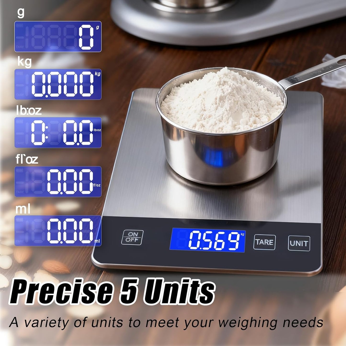 Food Kitchen Scale, 33lb Digital Food Scale Precisely Measures Grams and Ounces for Baking and Cooking, Rechargeable 304 Stainless Steel Kitchen Scale for Food with LCD Display, Batteries Included