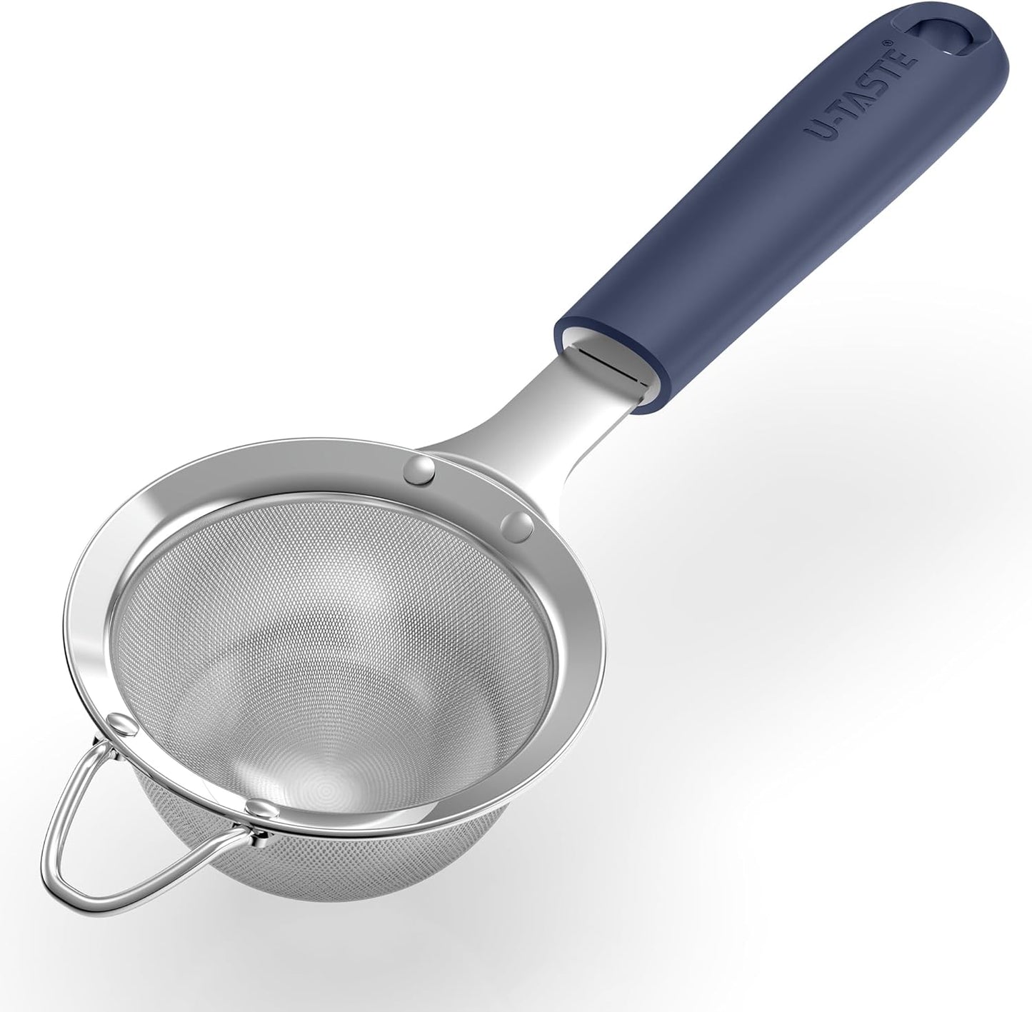 U-Taste Medium Fine Mesh Strainer: 18/8 Stainless Steel 4.73in 30 Mesh Kitchen Food Sieve with Sturdy Riveted Silicone Handle, Heavy Duty Deep Handheld Metal Colander for Rice, Quinoa, Flour (Black)