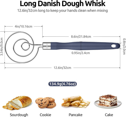 U-Taste 12.6" Danish Dough Whisk: 18/8 Stainless Steel Heavy-Duty Sourdough Mixer Tool, Food Grade Dutch Style Seamless Bread Wisk, Sturdy for Mixing, Stirring, Pressing, Kneading Thick Batter (Black)