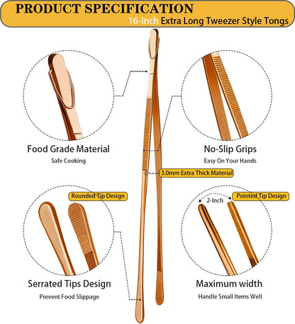 JETKONG 2 Pcs 12-Inch Kitchen Tweezers Fine Tweezer Tongs, Extra-Long Stainless Steel Cooking Tweezers (Silver)