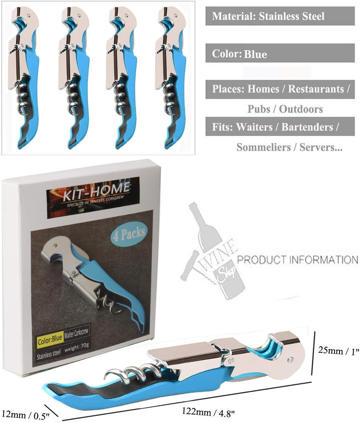Kit-Home Professional Waiter Corkscrew Wine Openers Set (4 PCS),Upgraded with Heavy Duty Stainless Steel Hinges Wine Key for Restaurant Waiters, Sommelier, Bartenders