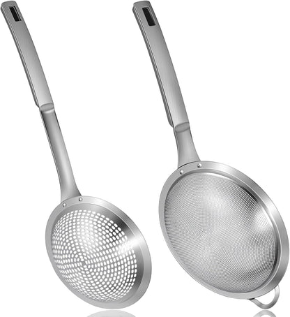 2 Pieces Spider Strainer Skimmer Spoon Set, Fine Mesh Stainless Steel Metal With HoleSieve Food Strainer Grease Spider Skimmer, Large Hole Slotted Colander Frying Spoons Set With Handle for Cooking
