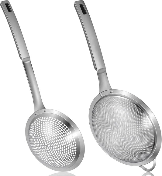 2 Pieces Spider Strainer Skimmer Spoon Set, Fine Mesh Stainless Steel Metal With HoleSieve Food Strainer Grease Spider Skimmer, Large Hole Slotted Colander Frying Spoons Set With Handle for Cooking
