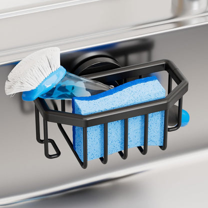 TAILI 4-in-1 Sink Caddy with Strong Suction Cup, Sponge Holder for Kitchen Sink Organizer, Removable, Rustproof, Stainless Steel Holder for Sponge, Brush, Scrubber, Scraper - Silver