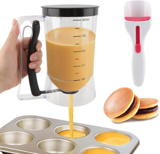 4 Cup Pancake Batter Dispenser with Cupcake Scoop Batters Dispenser,Pancake Waffl Mix Dispenser with Squeeze Handle & Measuring Marks,for Cupcake,Muffins, Crepes & Cupcakes(black)