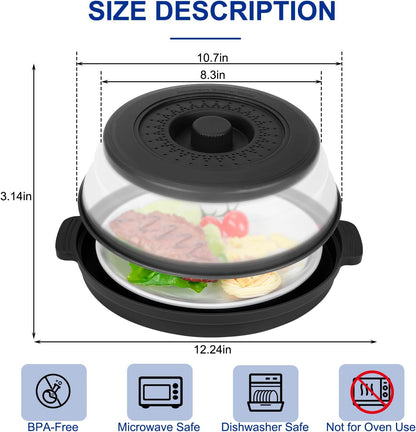 10.7 Inch Microwave Food Cover with Heat Insulation Mat, Anti-Scald Collapsible Microwave Splatter Cover, Multi-Functional as Colander & Fruit Plate, Dishwasher Safe, Ideal for Meal Prep (Gray)
