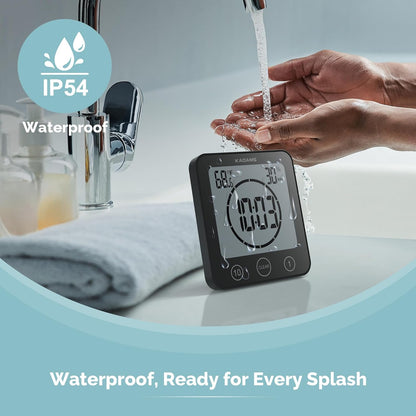 KADAMS Shower Clock Waterproof Bathroom Timer – Digital Wall Clock with Countdown, Magnetic Kitchen Clock with Temperature & Humidity, Suction Cup for Kids Shower Spa Cook Bath (Black)