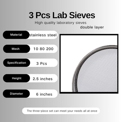 3 Pcs Lab Sieves，6 Inch Diameter Test Sifter 10Mesh（2.19mm）、80Mesh（0.217mm）and 200 Mesh（0.077mm）