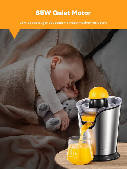 Aiheal Orange Juicer Machine Electric Citrus Juicer with Two Interchangeable Cones Suitable for All Size of Citrus Fruits, Anti-drip Spout and Ultra Quiet Motor, BPA Free, Brushed Stainless Steel