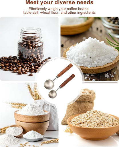 Coffee Scoop Set, 2 PCS 304 Stainless Steel Wood Handle Coffee Measuring Spoons, 15ml & 30ml for Ground Espresso Beans, Long Wooden Handle Scoop Kitchen Utensil for Scooping