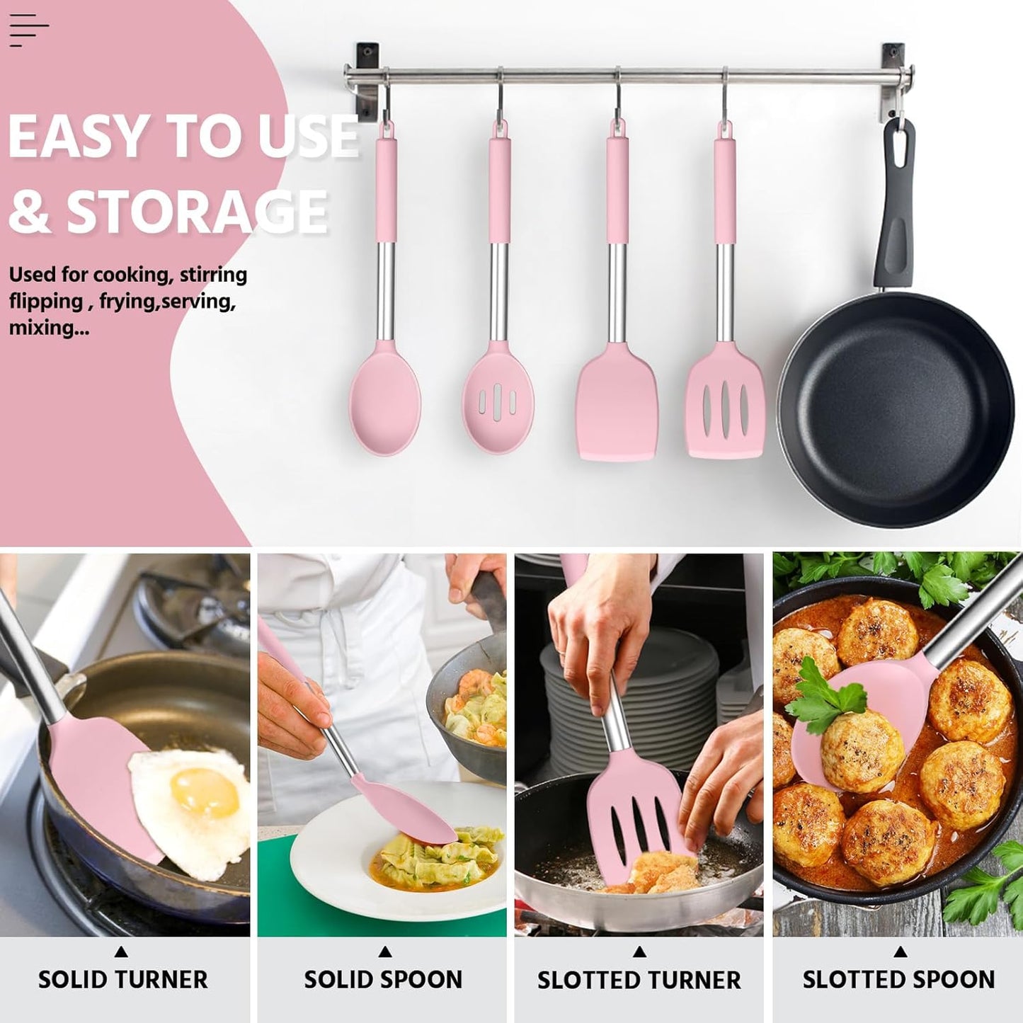 E-far Cooking Utensils Set of 4, Silicone Kitchen Utensils for Non-stick Cookware, Heat Resistant & Non-toxic Slotted Spatula Solid Spoon Turner for Flipping Mixing Serving Basting(Black)