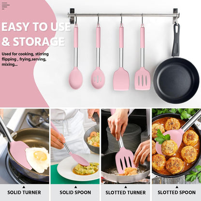 E-far Cooking Utensils Set of 4, Silicone Kitchen Utensils for Non-stick Cookware, Heat Resistant & Non-toxic Slotted Spatula Solid Spoon Turner for Flipping Mixing Serving Basting(Black)