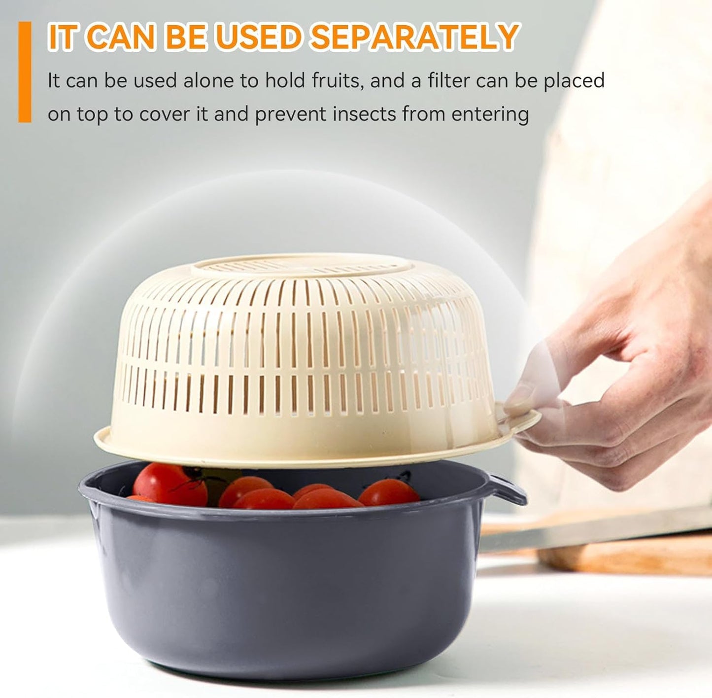 Kitchen Strainer Colander Bowl Sets, 2-in-1 Washing Bowl and Strainer Double-Layer Plastic Fruits Vegetable Washing Basket for Cleaning Washing Mixing(L-Round)