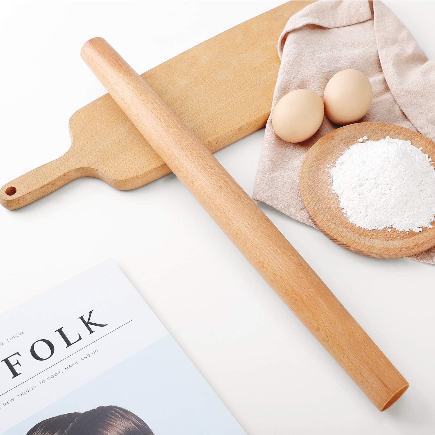 Wood French Rolling Pin for Baking, QUELLANCE Wooden Dough Roller with Silicone Baking Mat, Beech Wood Rolling Pins for Baking Dough, Pizza, Pie, Pastries, Pasta and Cookies,Blue Pastry Mat
